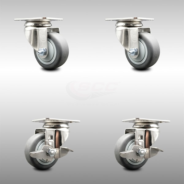 3 Inch 316SS Thermoplastic Rubber Wheel Swivel Top Plate Caster Brakes SCC, 2PK